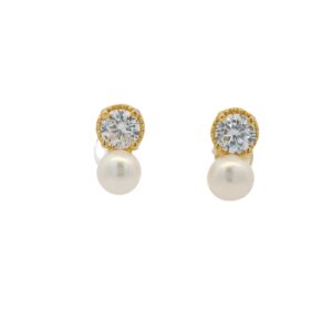 Stud Earrings with Round Pearls and Brilliant Zirconias