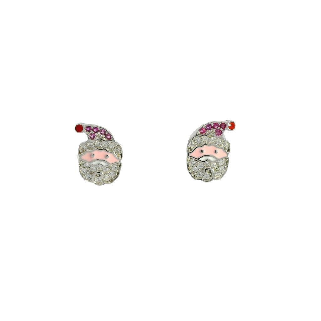 Santa Claus Silver Stud Earrings with Ruby and Zirconias