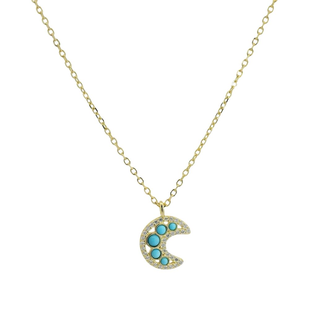 Crescent Moon Charm Necklace with Turquoise Accents 18K Yellow Gold Plated