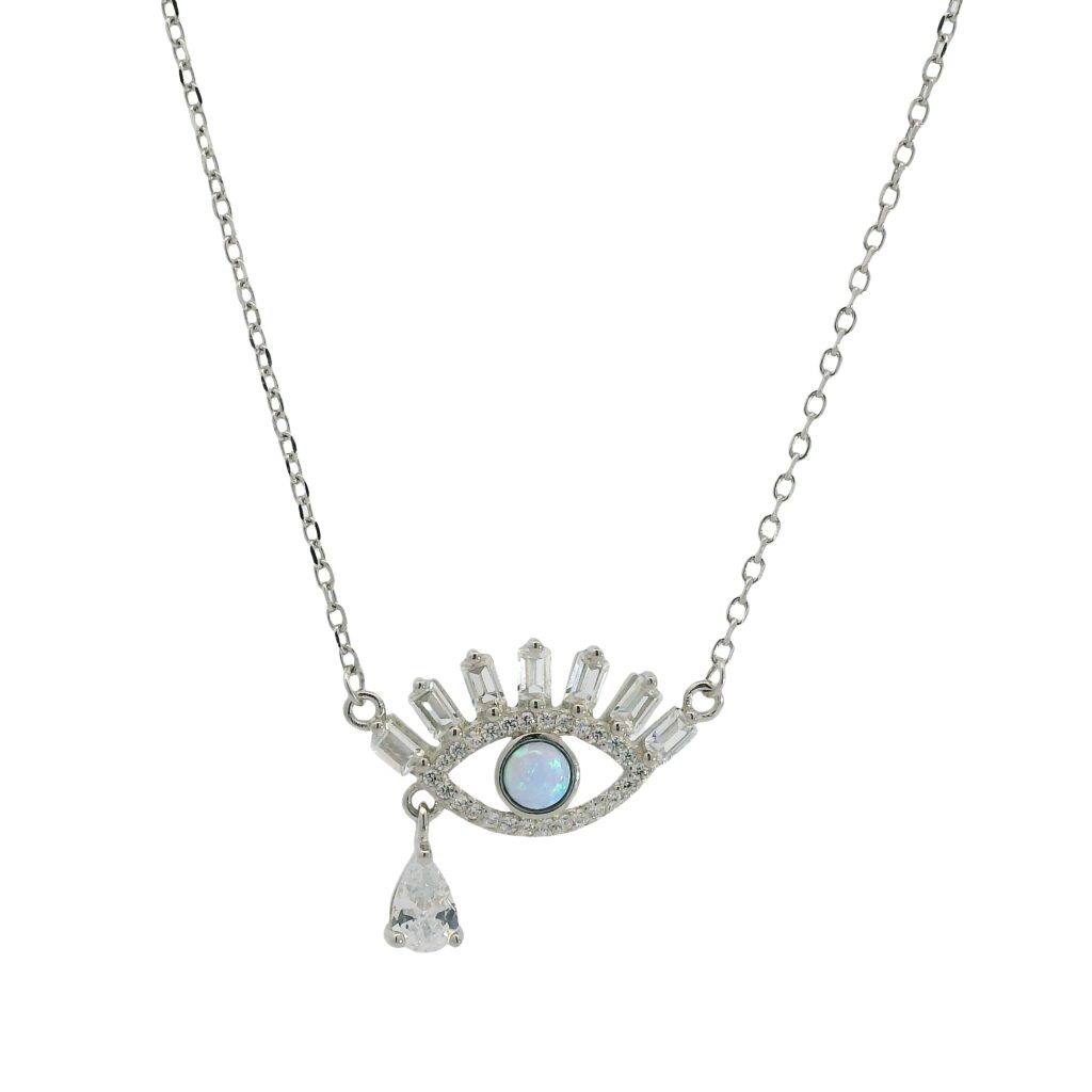 Evil Eye Charm Necklace with a White Opal