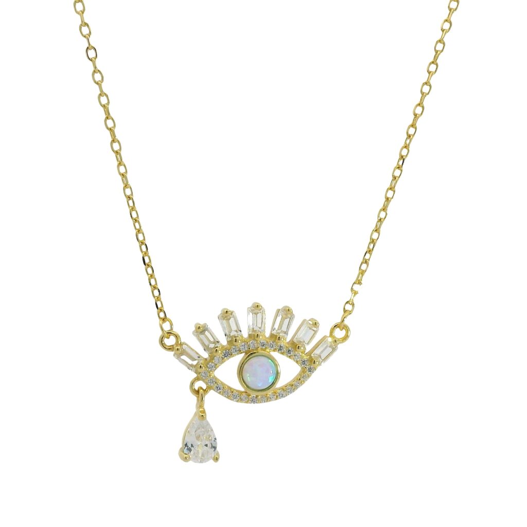 Evil Eye Charm Necklace with a White Opal 18K Gold Plated