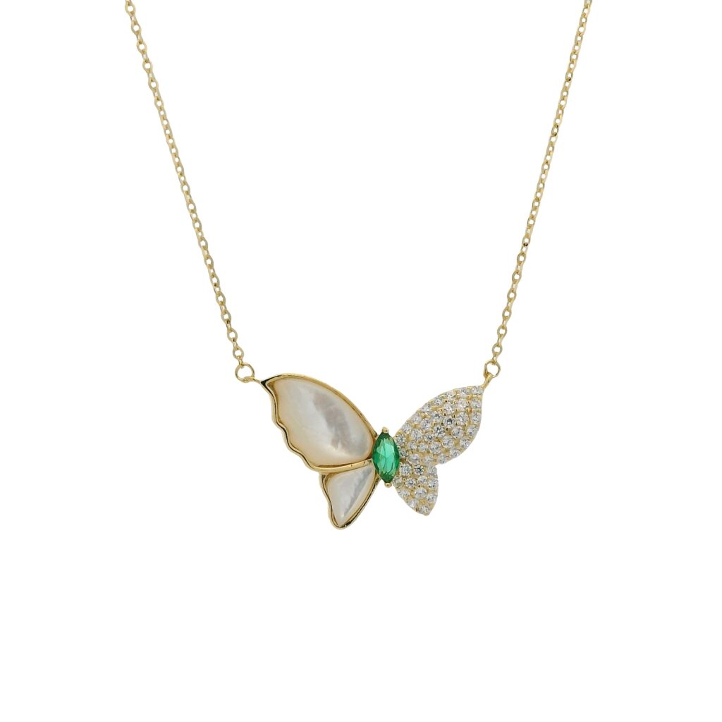 Butterfly Charm Necklace with Oval Emerald