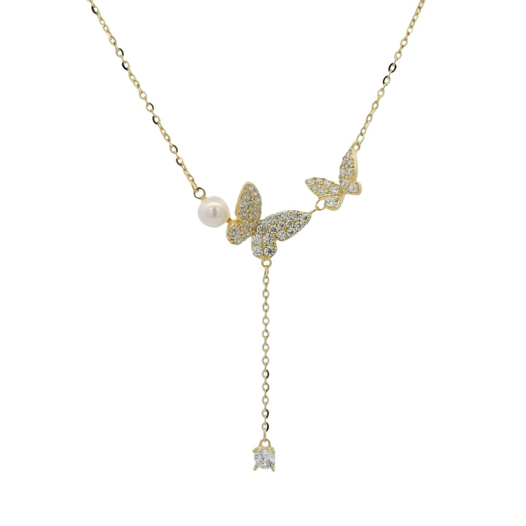 Delicate Pearl Accent and Intricately Designed Butterfly Necklace