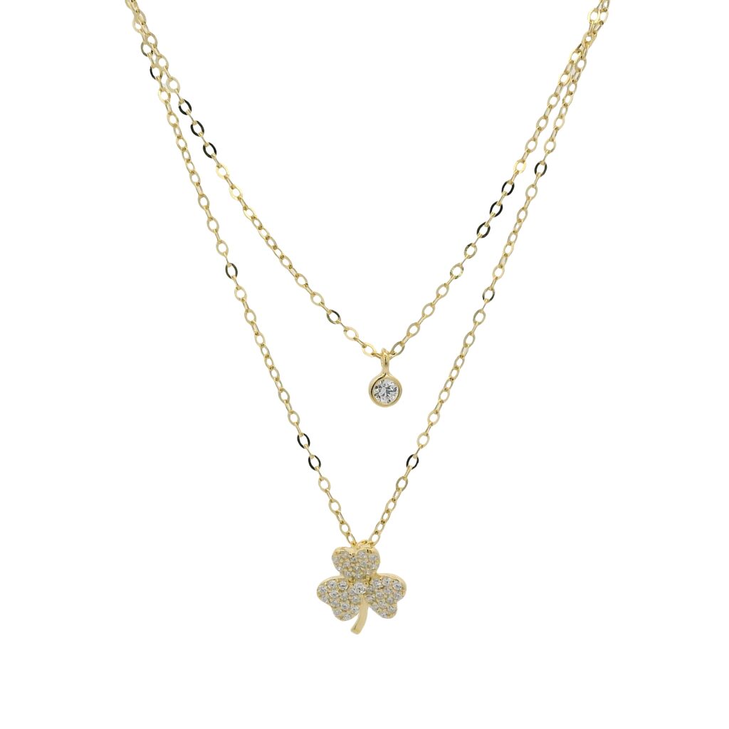 Layered Necklace with Zirconia and Clover Pendants