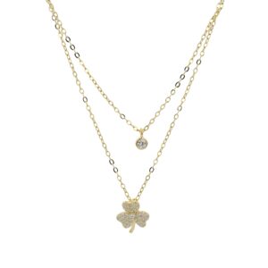 Layered Necklace with Zirconia and Clover Pendants