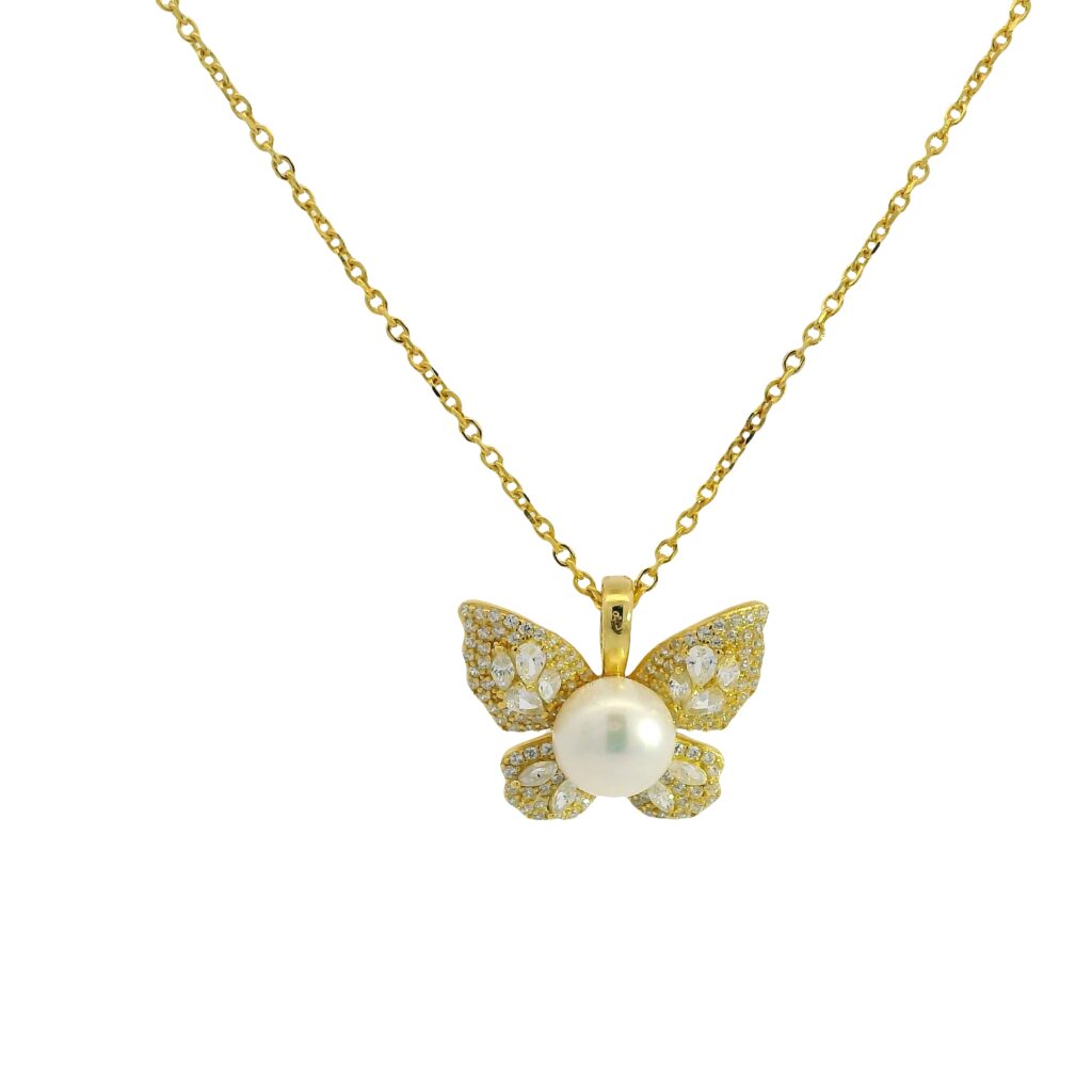 Butterfly Pearl Pendant Charm Necklace 18K Gold Plated