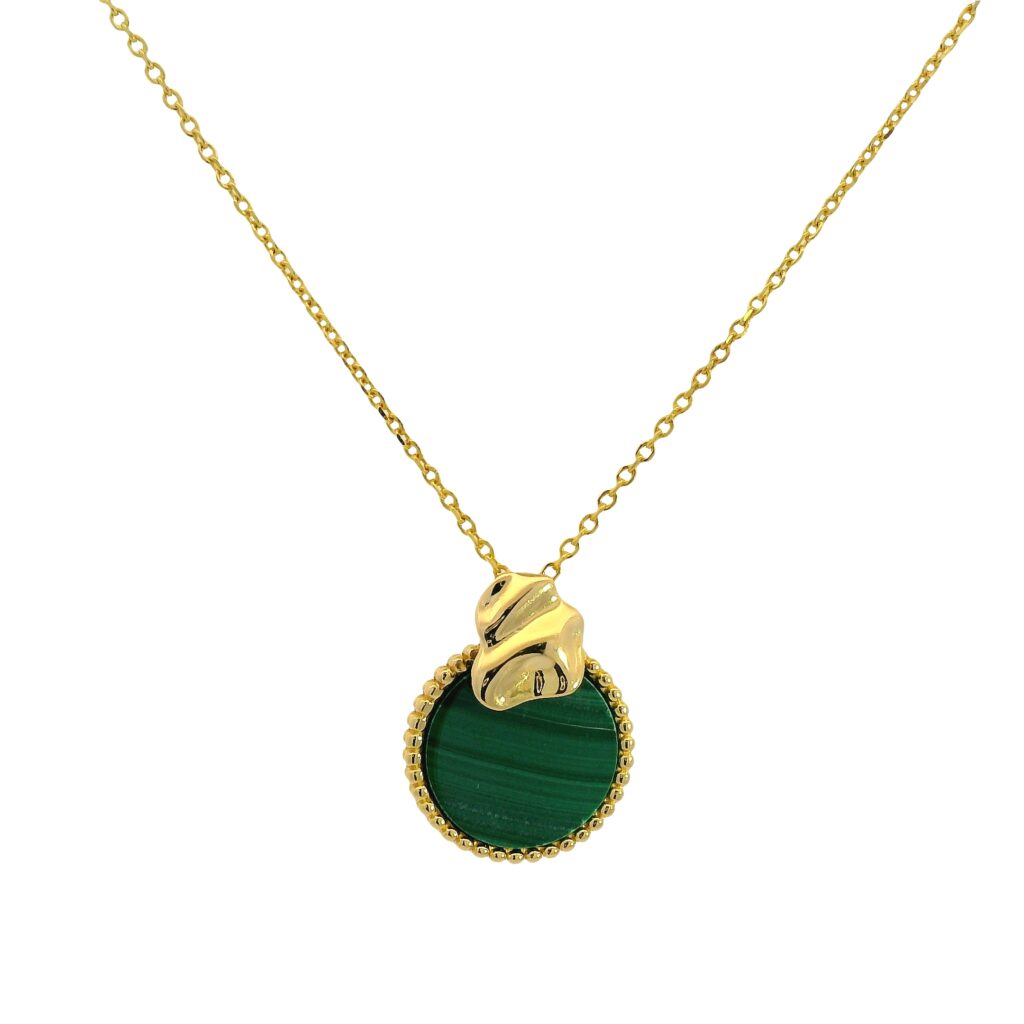 Round Malachite Cabochon Yellow Gold Charm Necklace
