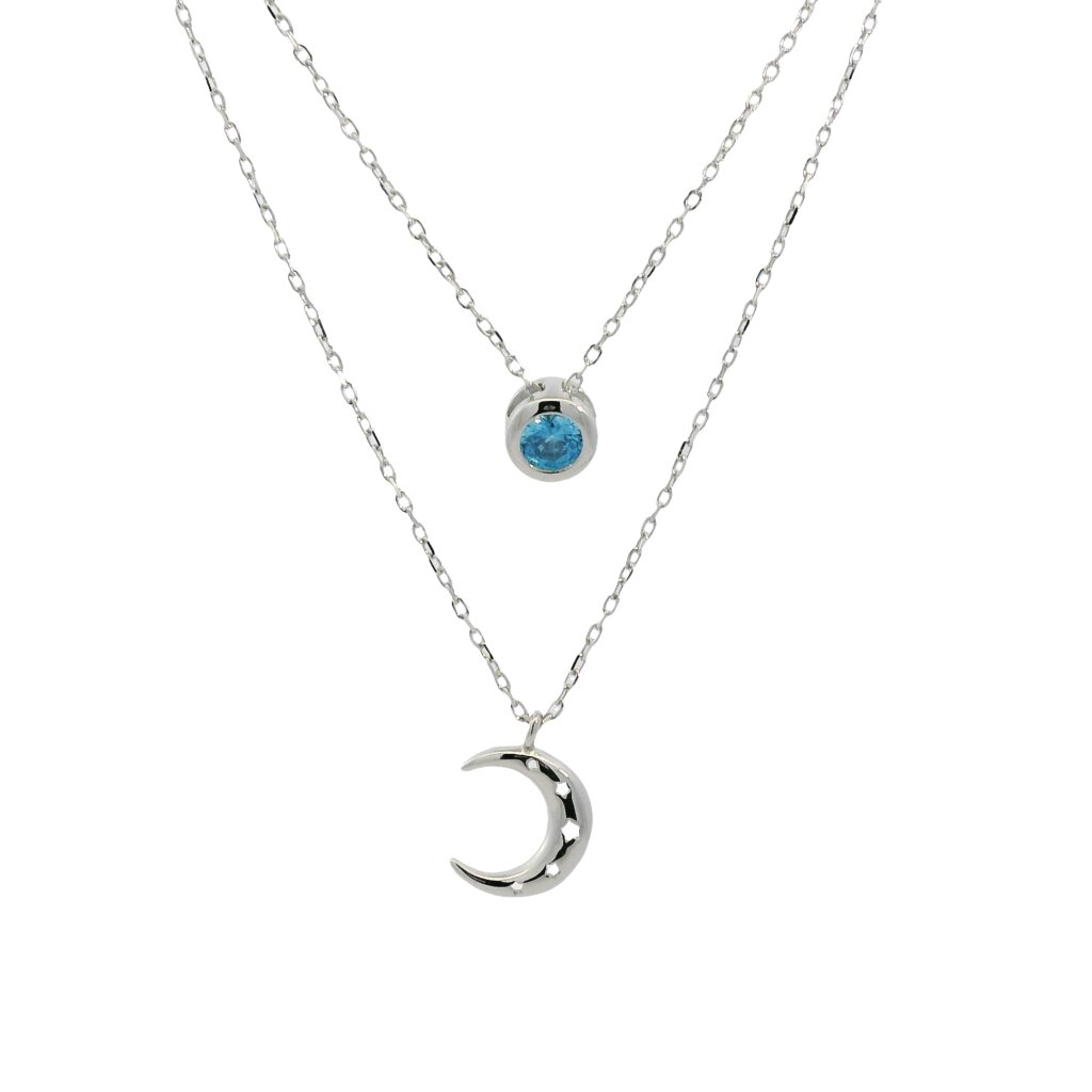 Round Brilliant Blue Gem and Star-Detailed Crescent Moon Layered Necklace