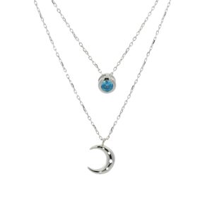 Round Brilliant Blue Gem and Star-Detailed Crescent Moon Layered Necklace