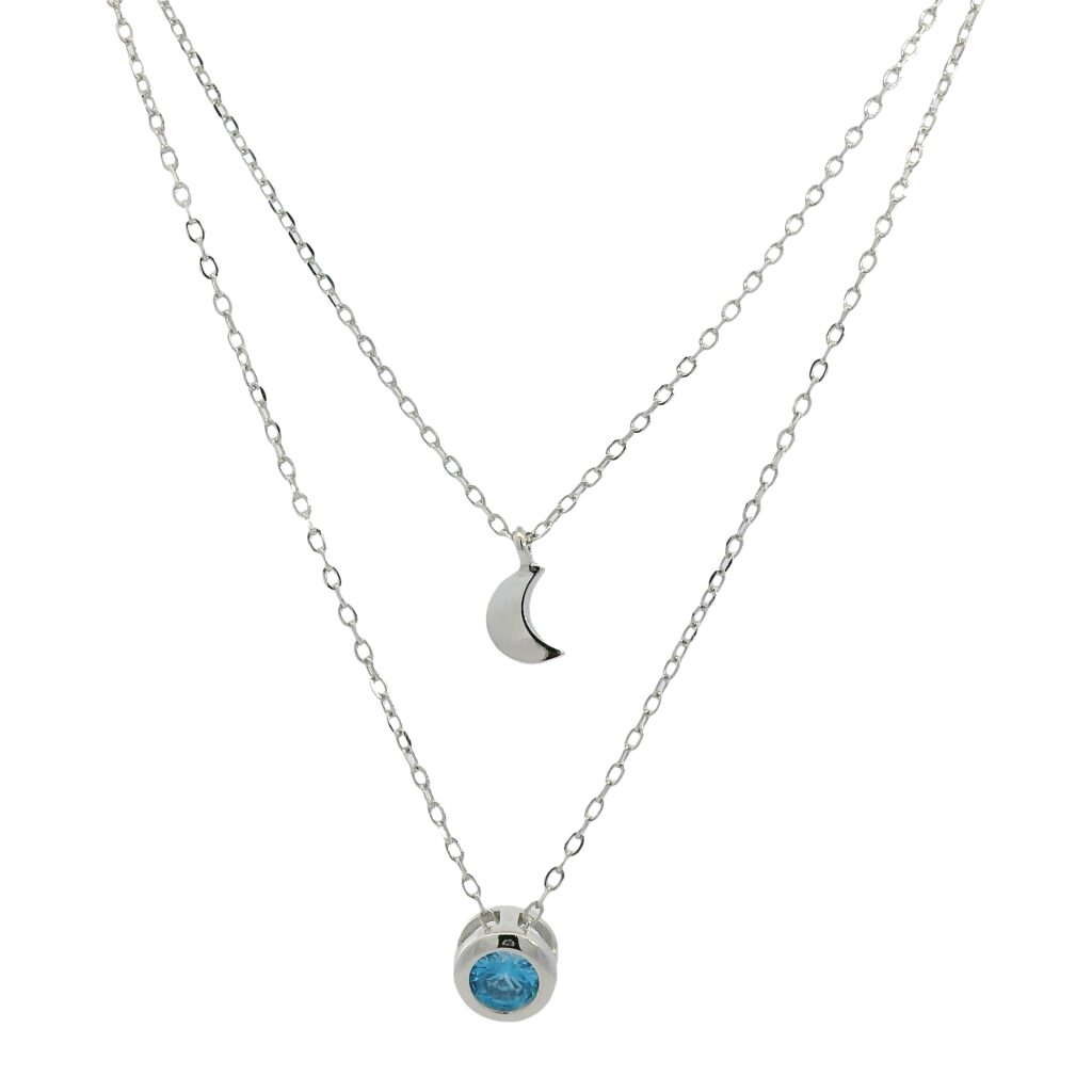 Crescent Moon and Bezel-Set Round Blue Layered Silver Necklace