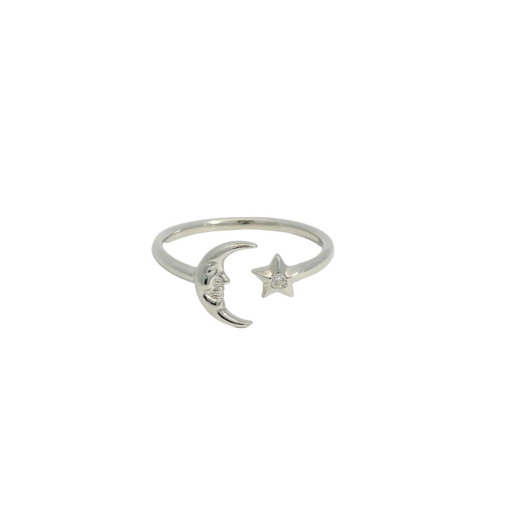 Crescent Moon and Star Open Bypass Ring