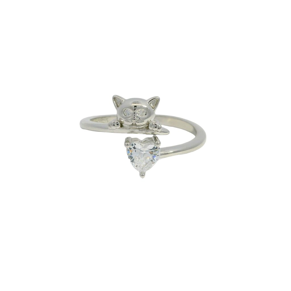 Silver Cat and Heart Bypass Wrap Ring