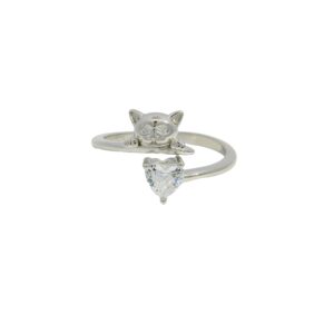 Silver Cat and Heart Bypass Wrap Ring