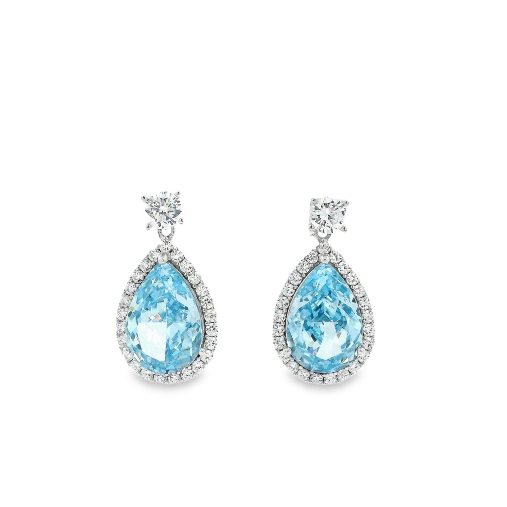 Pear-Cut Aquamarine Halo Drop Earrings
