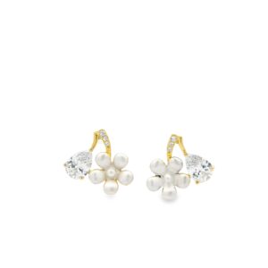 Pearl Flower Stud Earrings with Clear Stones