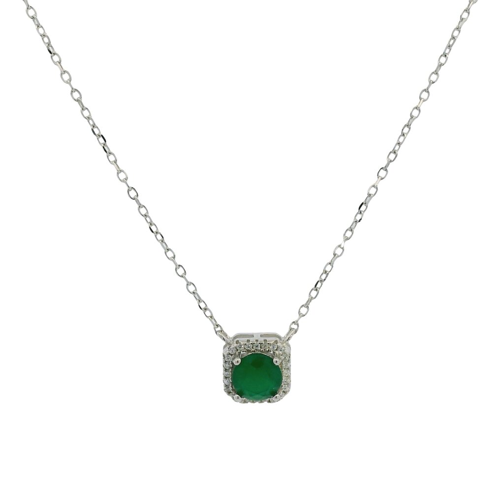 Green Emerald Halo Pendant Necklace